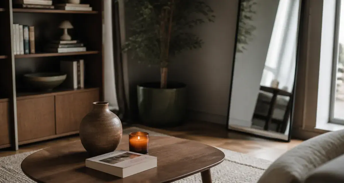 decoration interieur : table basse beige taupe et étagères bois