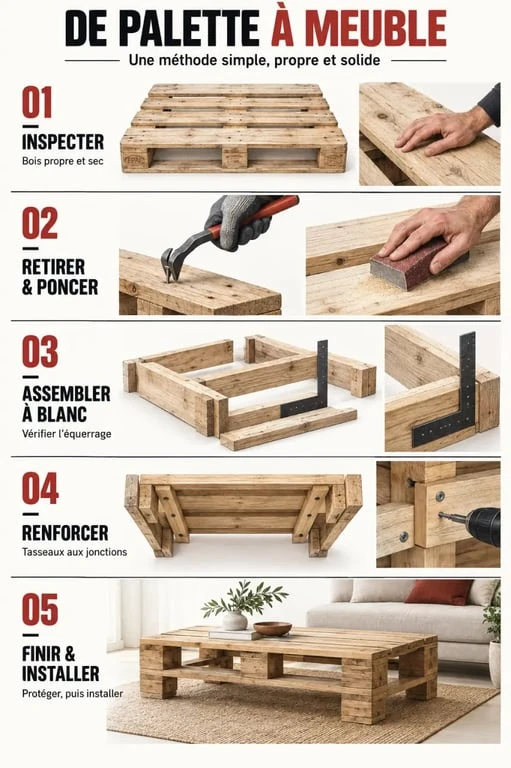 Palette en meuble : étapes de fabrication, du ponçage à l’assemblage et à la finition