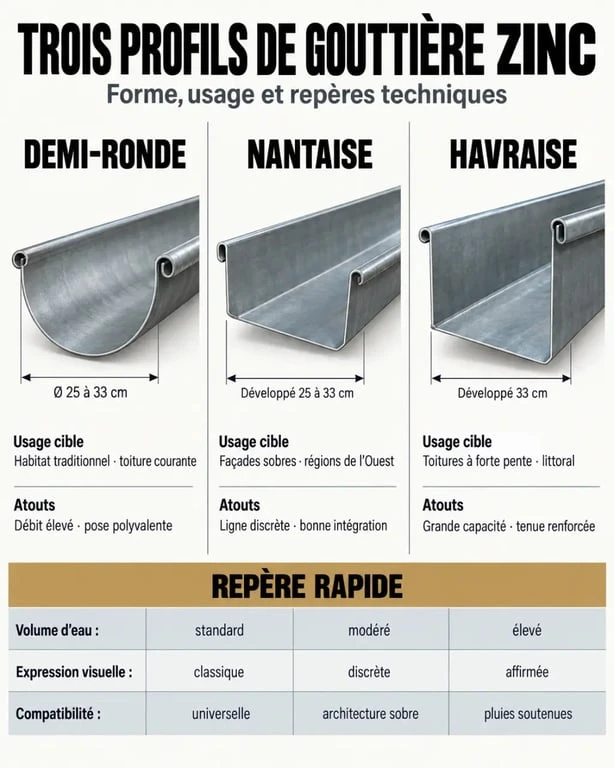 Comparatif des profils de gouttière zinc : demi-ronde, nantaise et havraise pour le choix de votre installation.