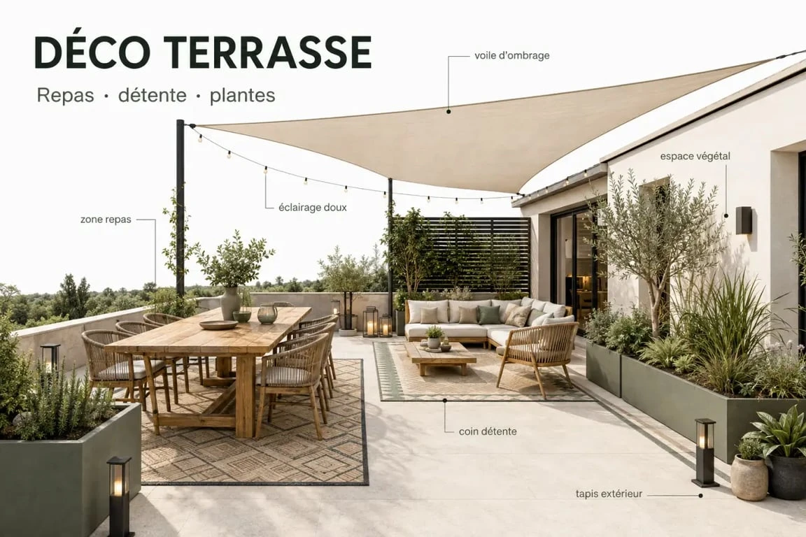 Déco pour terrasse : grande terrasse organisée en zones repas, détente et plantes