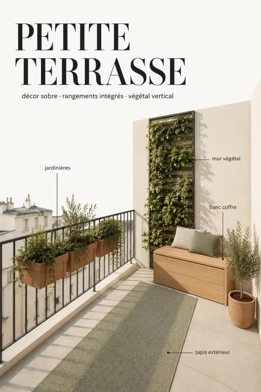 Déco pour terrasse : petite terrasse urbaine avec végétation verticale et mobilier compact