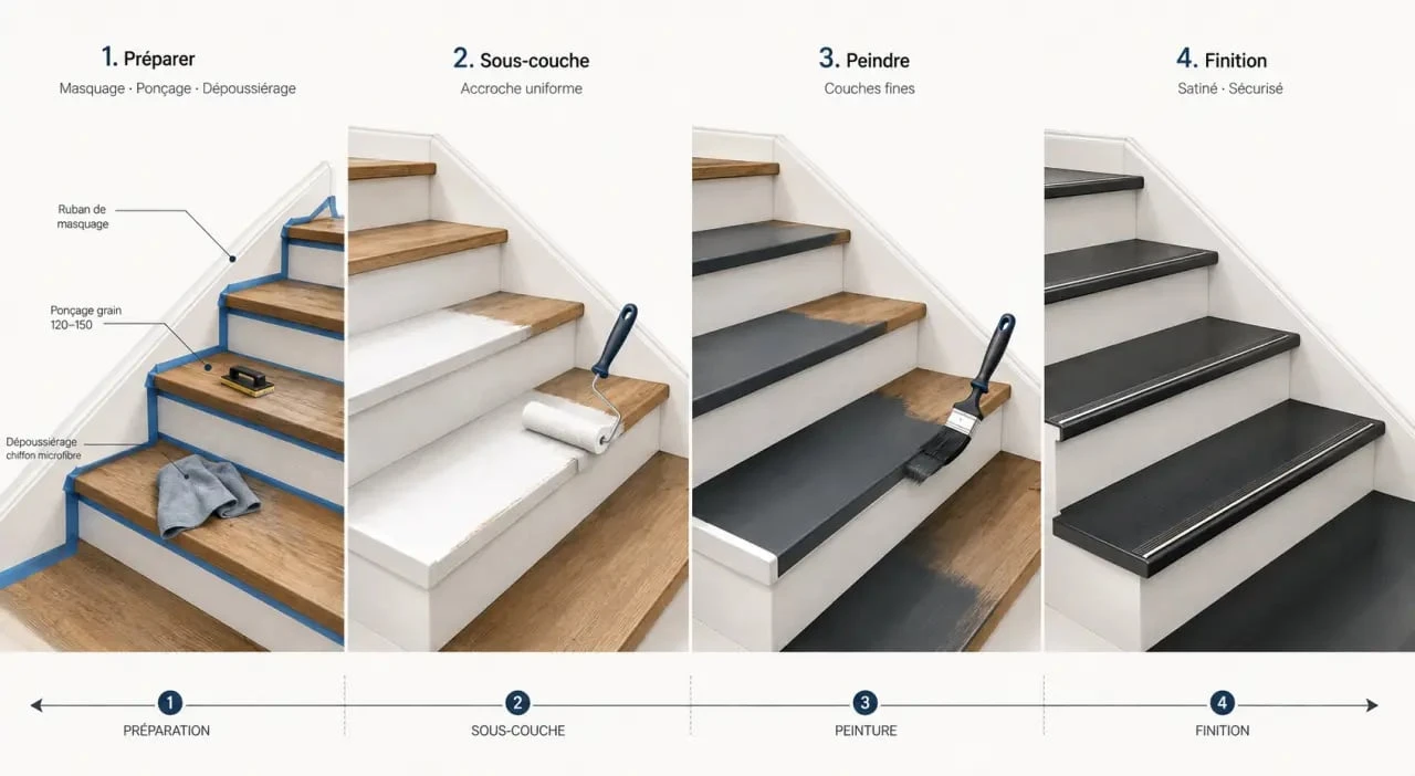 Peindre un escalier bois : schéma des étapes de préparation, ponçage, sous-couche et peinture