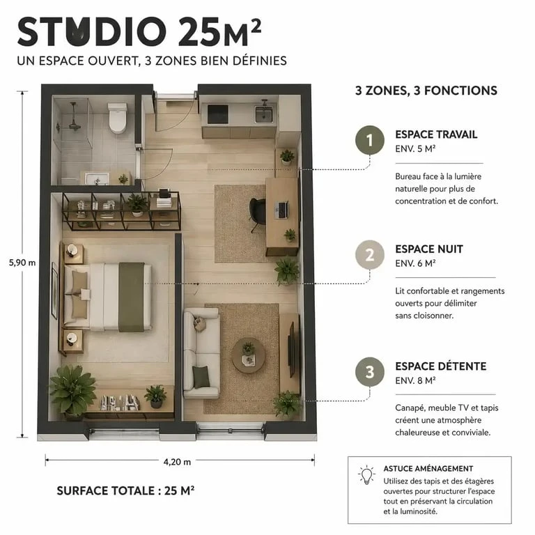 Schéma d'aménagement studio 25m2 ikea avec zones distinctes