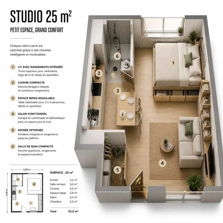 Aménagement studio 25m2 ikea avec mobilier multifonction et rangement intelligent