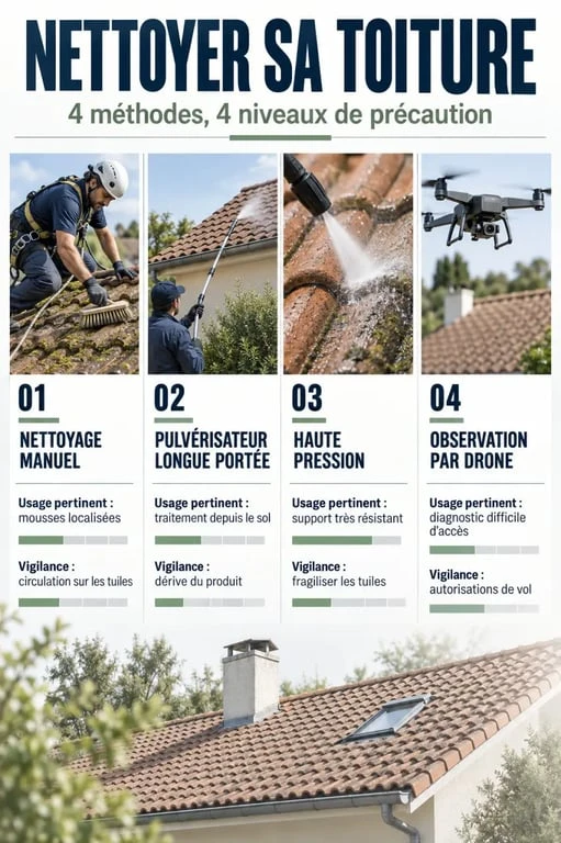 Infographie comparative sur les méthodes de nettoyage toiture et leurs précautions