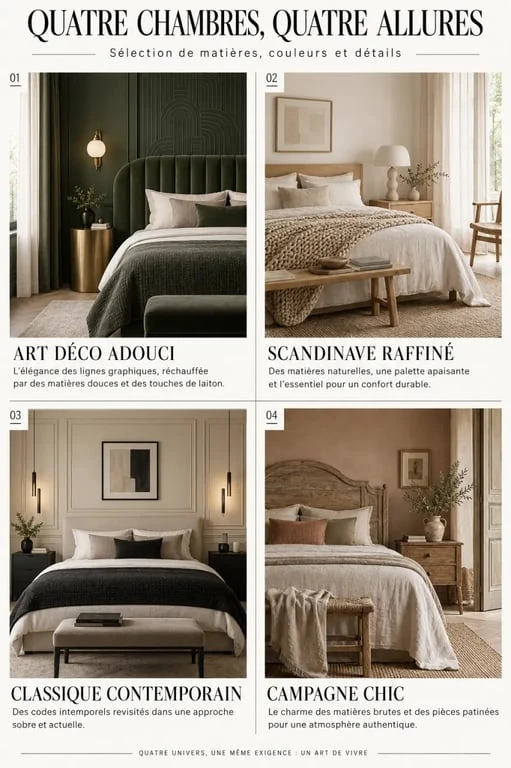 Styles de déco chambre adulte chic : Art Déco, scandinave, classique contemporain et campagne chic