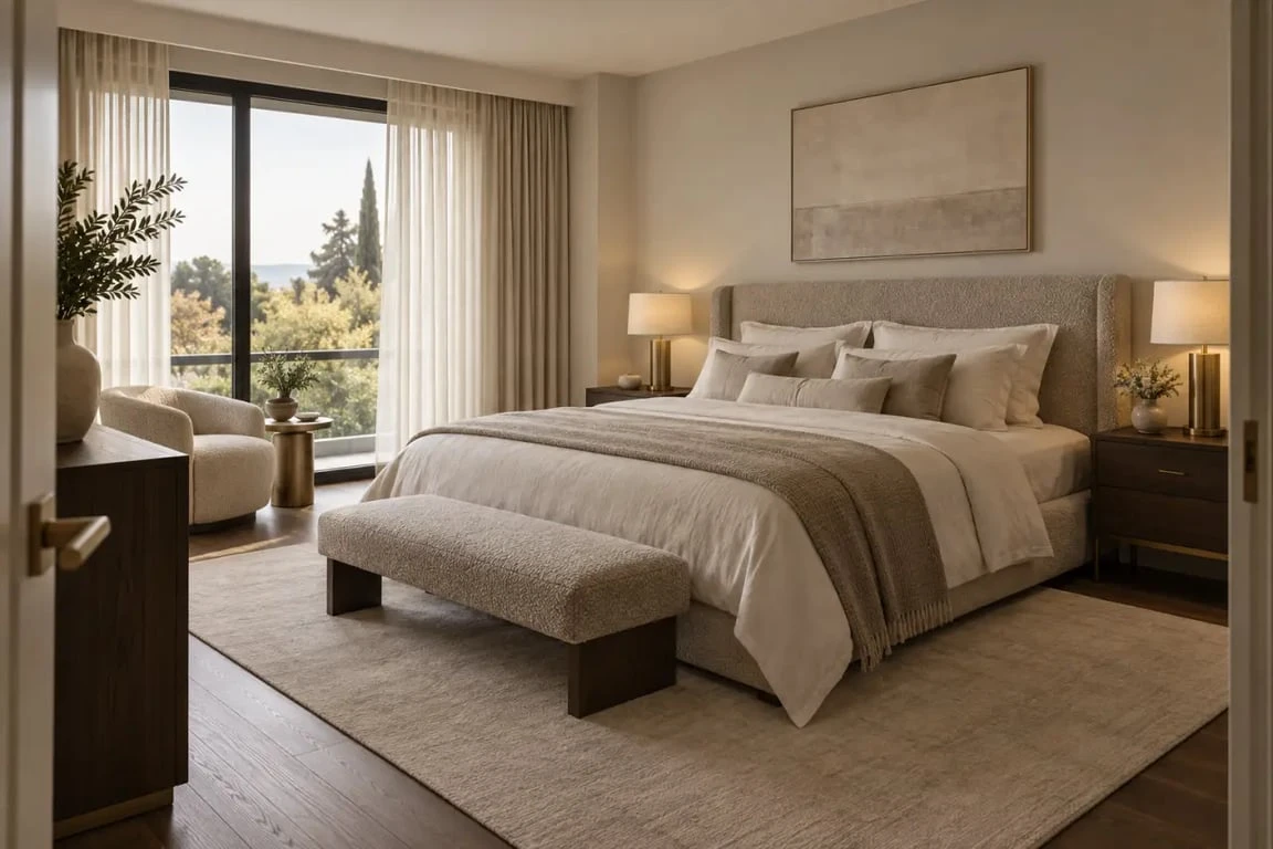 Déco chambre adulte chic avec tête de lit texturée, palette neutre et éclairage chaleureux