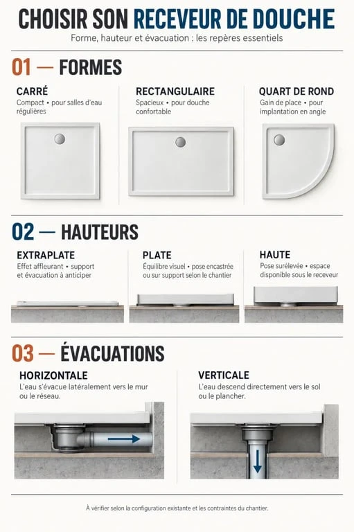 Infographie pour choisir un receveur de douche selon la forme, la hauteur et l’évacuation