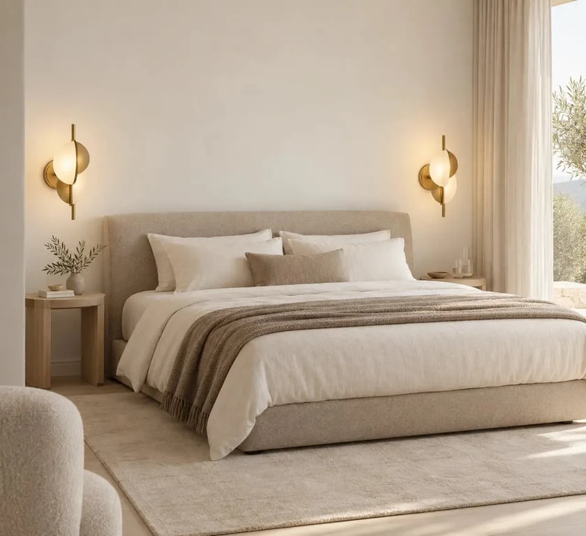 Appliques murales originales en laiton et verre opalin dans une chambre