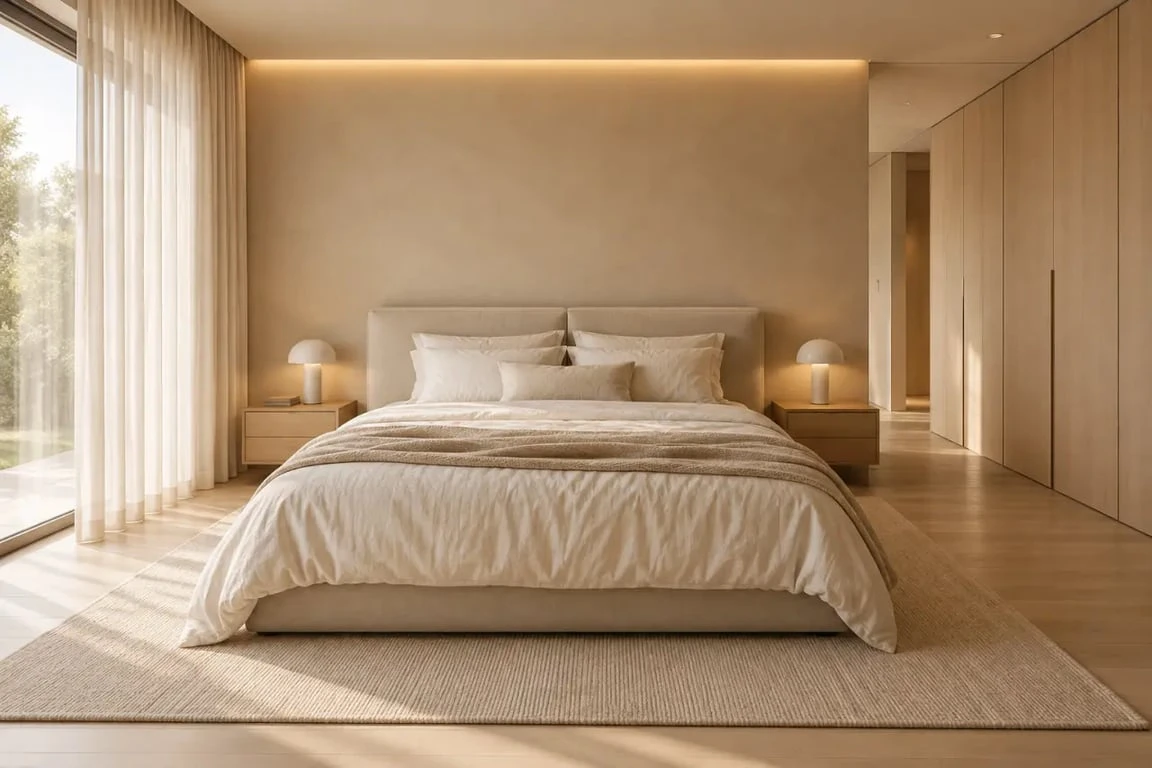 Chambre design apaisante avec lit en lin, bois clair et éclairage chaleureux