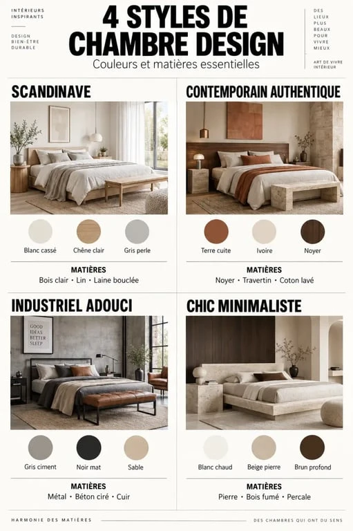 Infographie des quatre styles de chambre design et de leurs matières