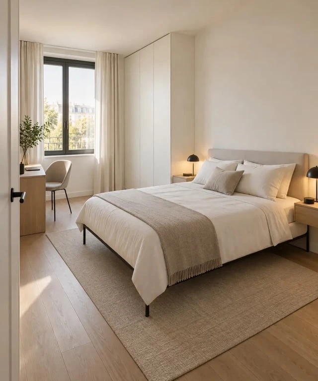 Petite chambre design avec rangement intégré et coin bureau compact
