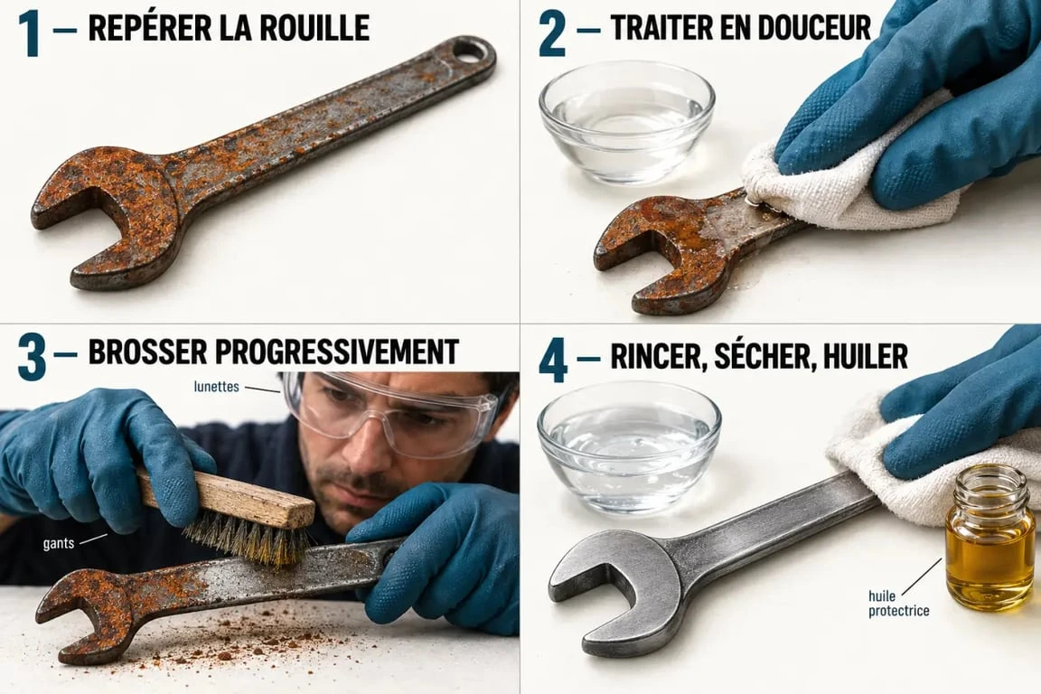 Illustration des étapes pour enlever la rouille d’un outil métallique