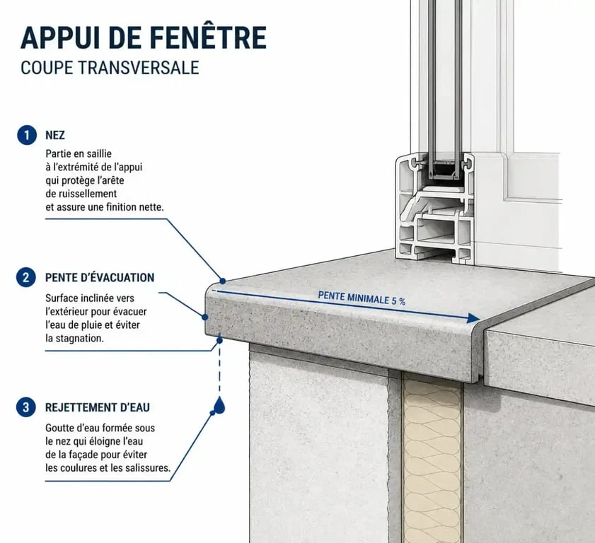 Schéma technique d'un appui de fenêtre montrant le nez et la pente d'évacuation