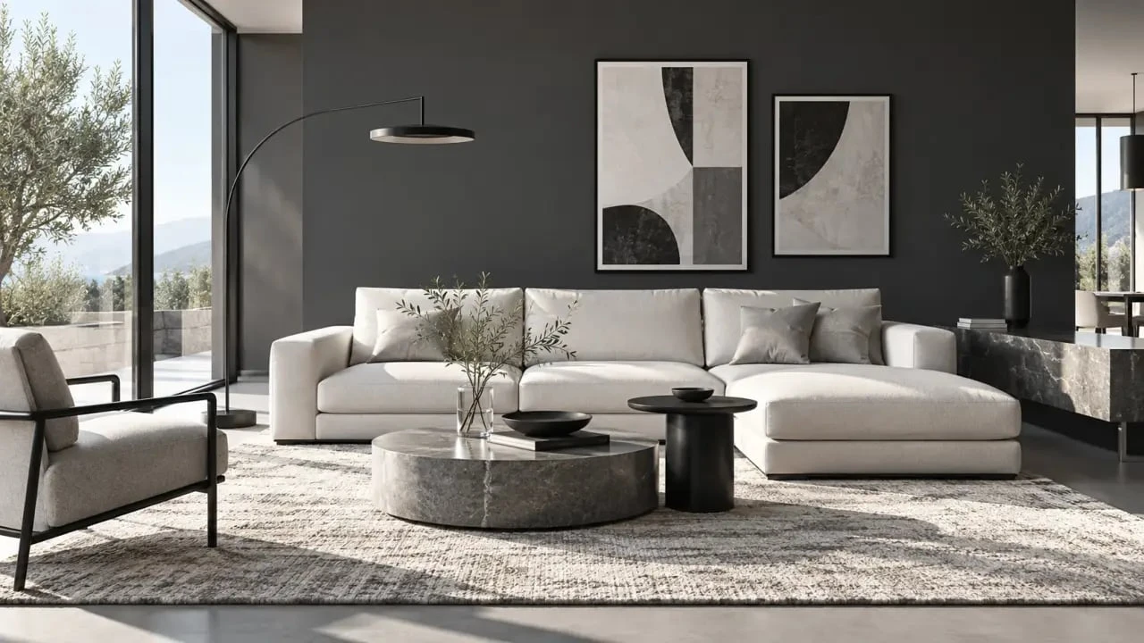 Salon gris et blanc contemporain avec mur anthracite et accents noirs