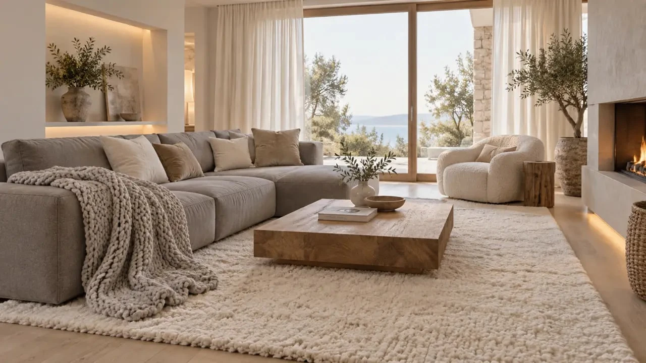 Salon gris et blanc cocooning avec textiles chaleureux et éclairage doux
