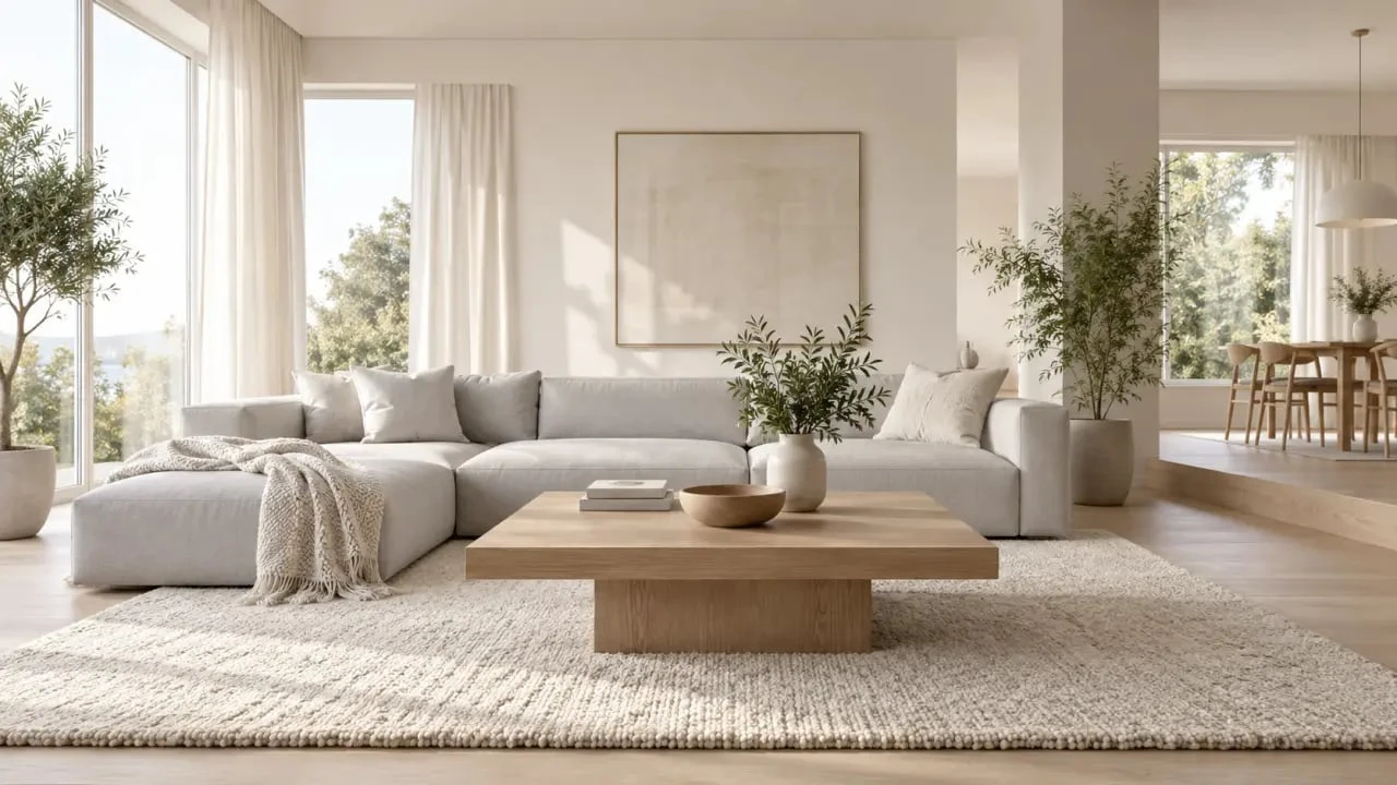Salon gris et blanc scandinave avec bois clair, lin et tapis écru