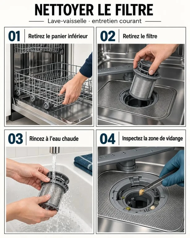 Nettoyer lave vaisselle : retirer et brosser le filtre de vidange
