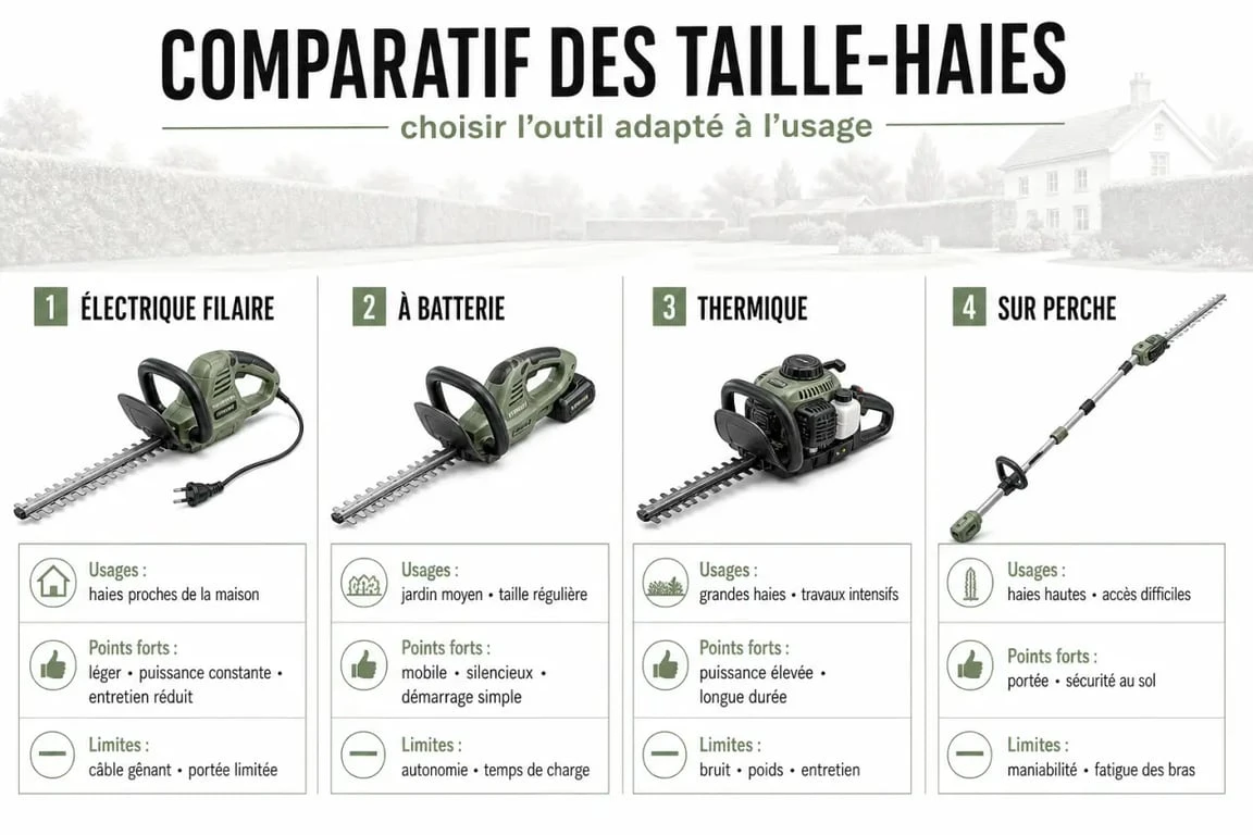 Comparatif visuel d’un taille-haie électrique, à batterie, thermique et sur perche pour choisir le bon modèle