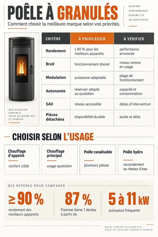 Infographie comparative pour choisir la meilleure marque de poêle à granulés selon le rendement, le bruit, l'autonomie et le SAV