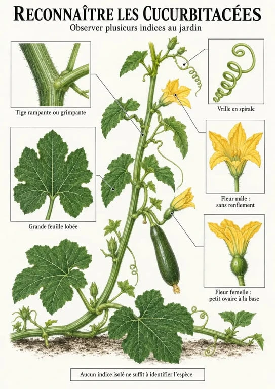 Planche de reconnaissance visuelle des cucurbitacées avec vrilles, fleurs et feuilles