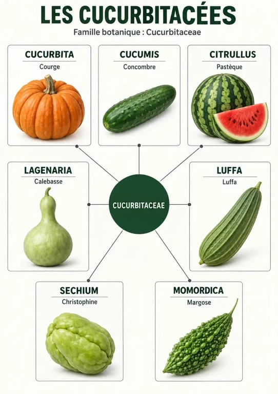 Infographie de la liste des cucurbitacées par genres botaniques et exemples courants