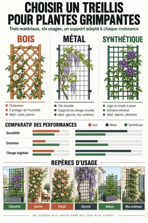 Infographie comparative sur le choix d’un treillis pour plantes grimpantes selon le matériau et l’usage