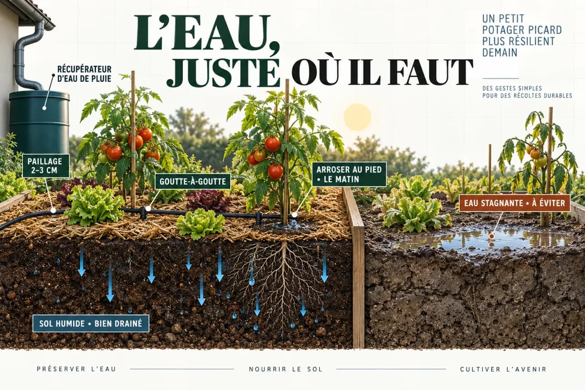 Paillage et arrosage pour un potager urbain durable dans un jardin picard