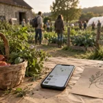 Le petit potager : smartphone, panier de récolte et ferme bio