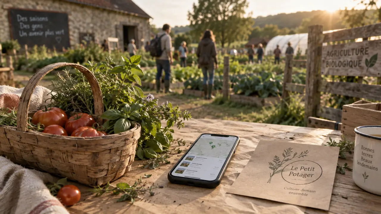 Le petit potager : smartphone, panier de récolte et ferme bio