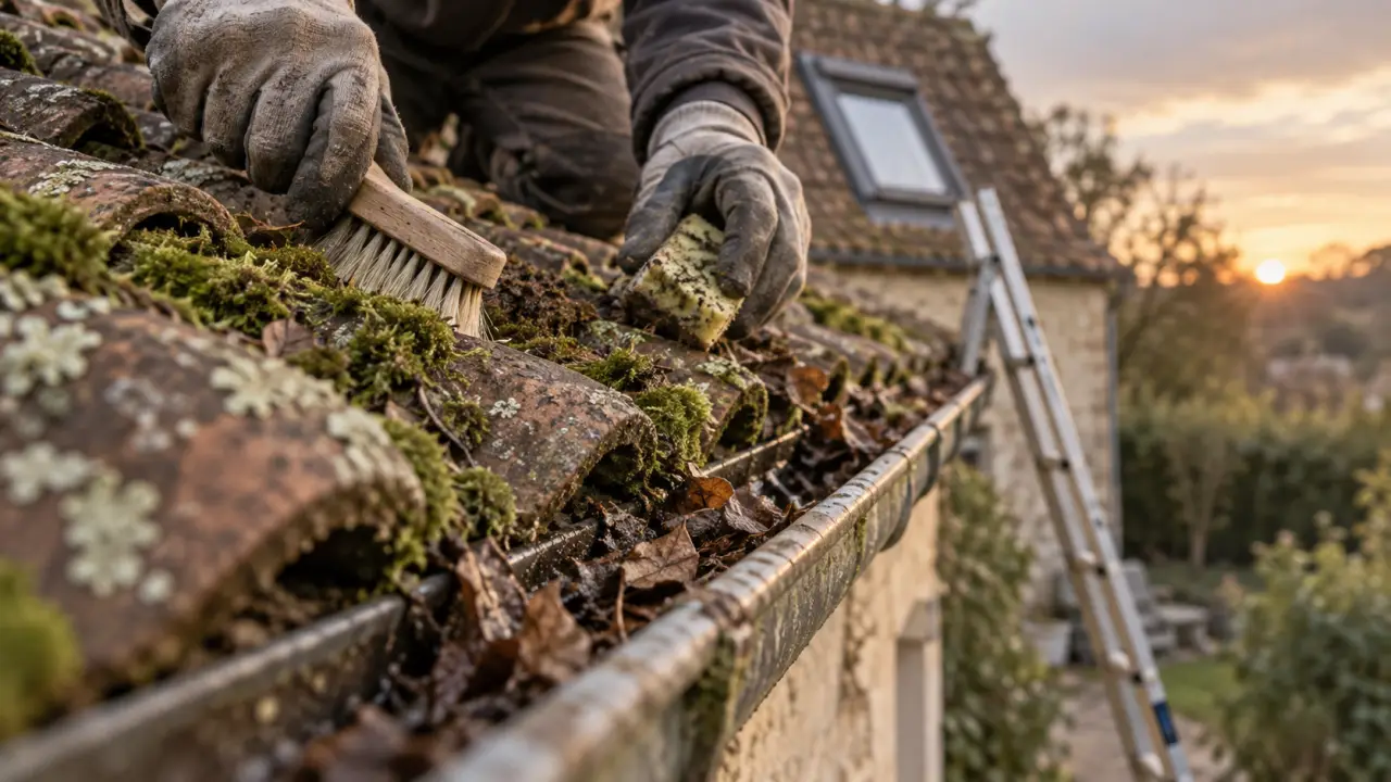 Nettoyage toiture : tuiles couvertes de mousse et lichens