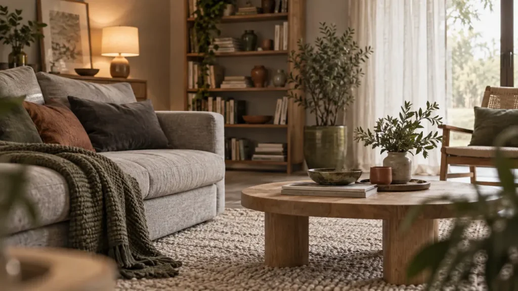 Salon gris et blanc avec matières chaudes : tapis écru et chêne clair
