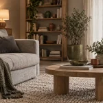 Salon gris et blanc avec matières chaudes : tapis écru et chêne clair