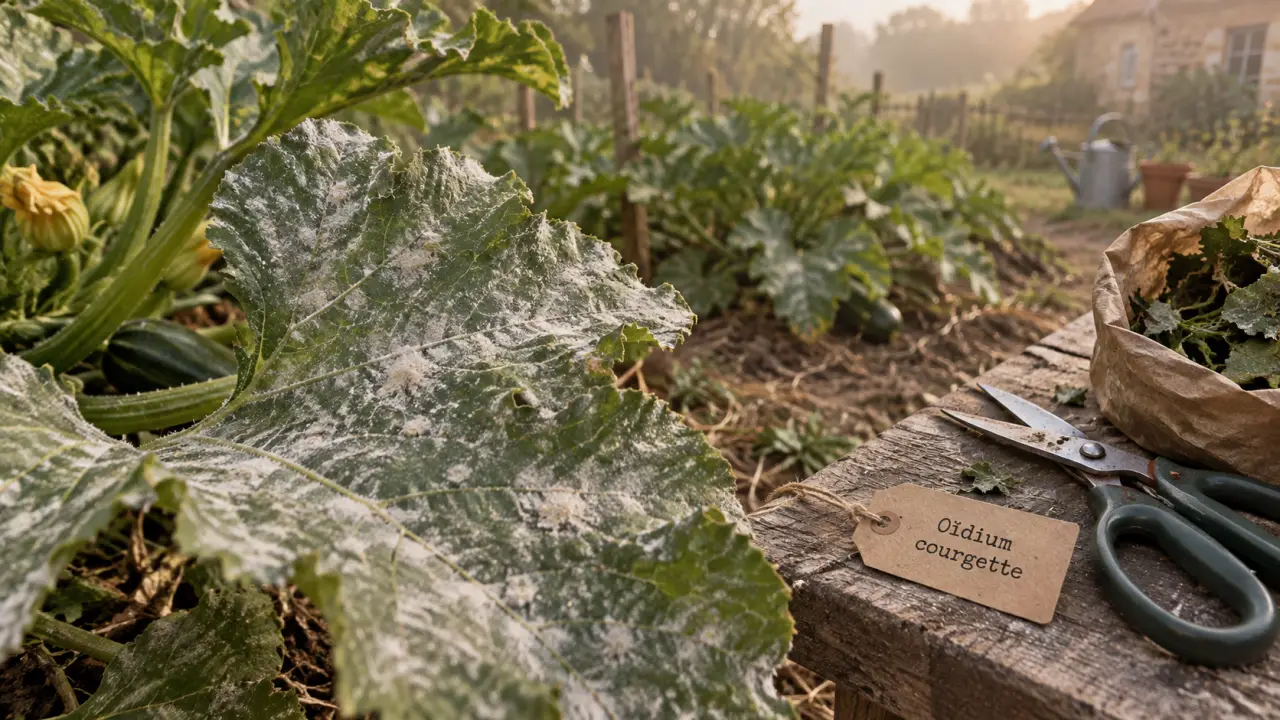 Traitement oidium courgette : feuille de courgette blanchie par l’oïdium