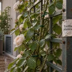 Treillis plantes grimpantes : rosier palissé sur treillis mural en métal