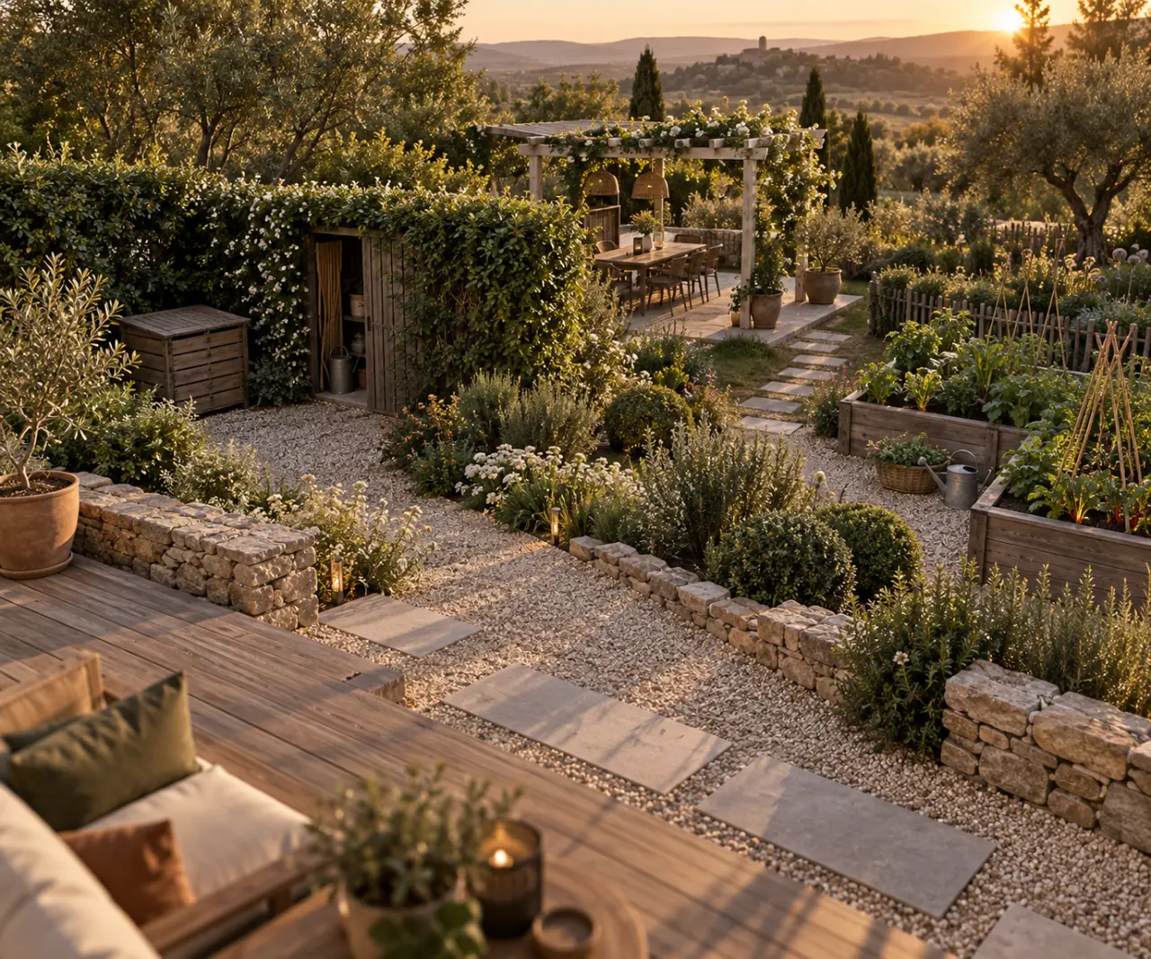 Aménagement des jardins : allée en gravier, haie d’intimité et pergola claire