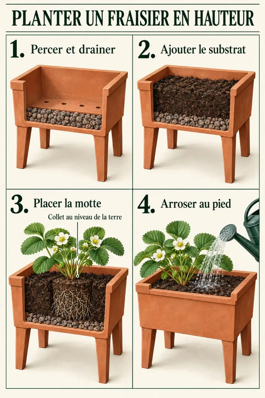 Étapes de plantation d'un fraisier en hauteur dans une jardinière surélevée
