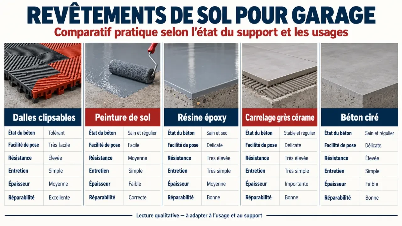 Infographie comparative des solutions de revêtement sol pour garage