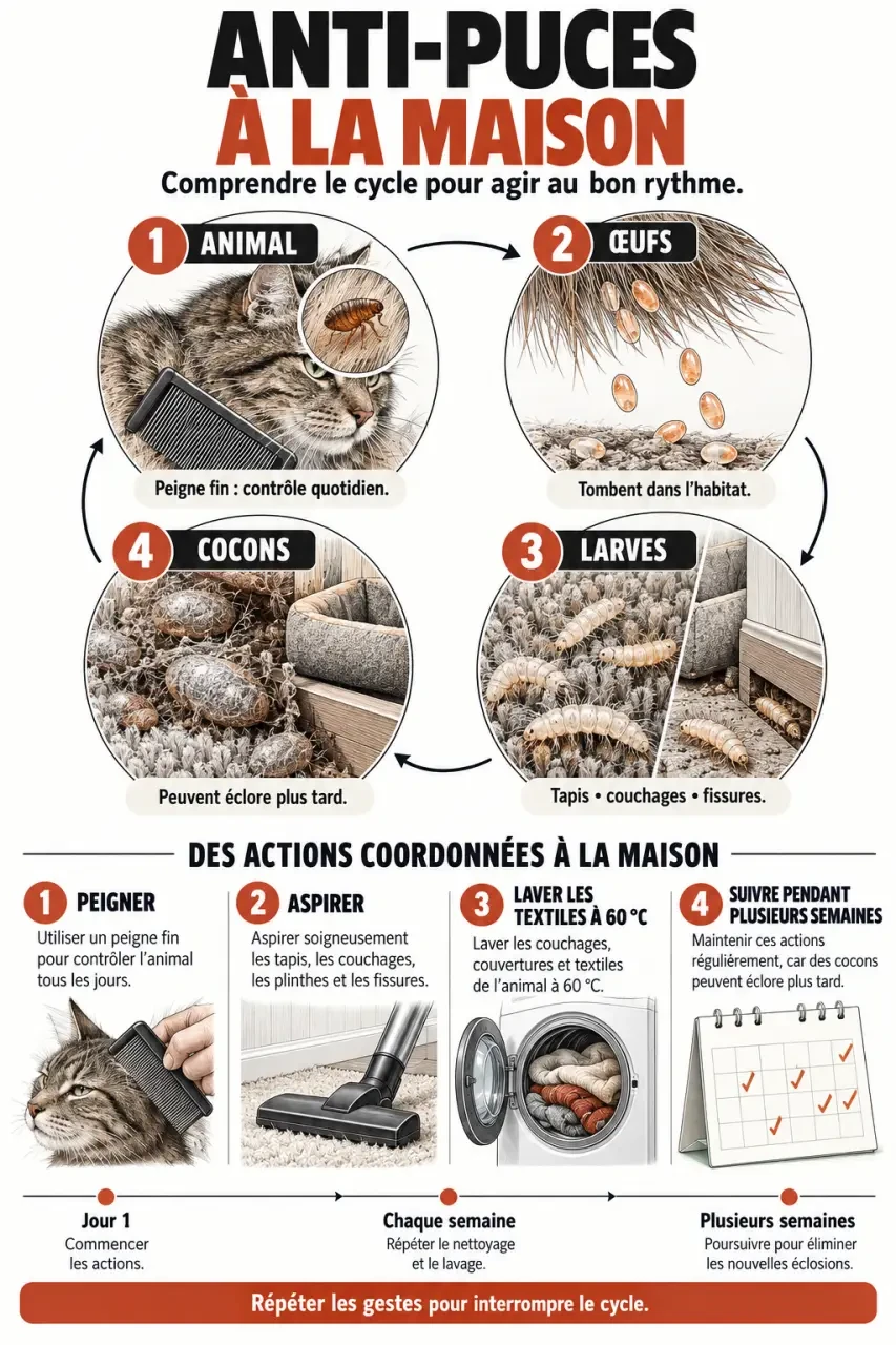 Cycle des puces et étapes d’un traitement anti puce maison dans les textiles et les couchages