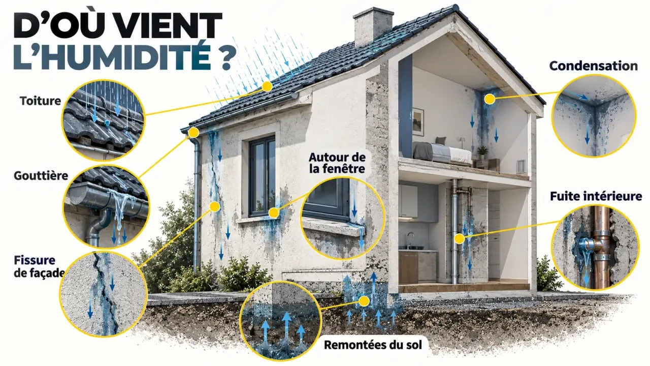 Infiltration d'eau mur que faire : schéma des principales voies d'entrée de l'humidité dans une maison