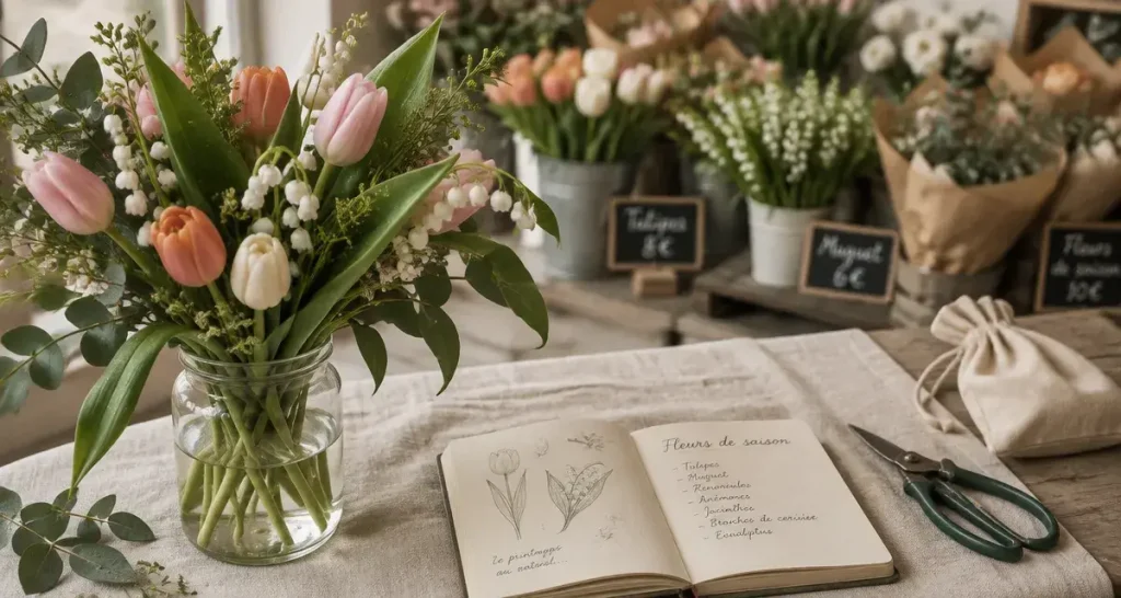 Fleurs saison : bouquet de printemps et carnet sur table