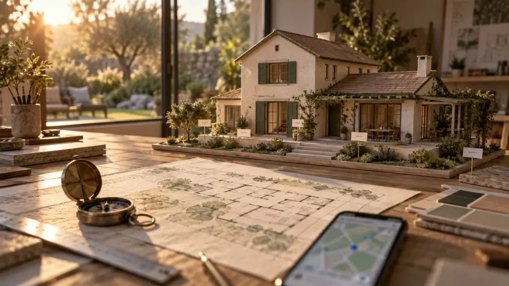 Orientation maison : plan et boussole pour séjour au sud