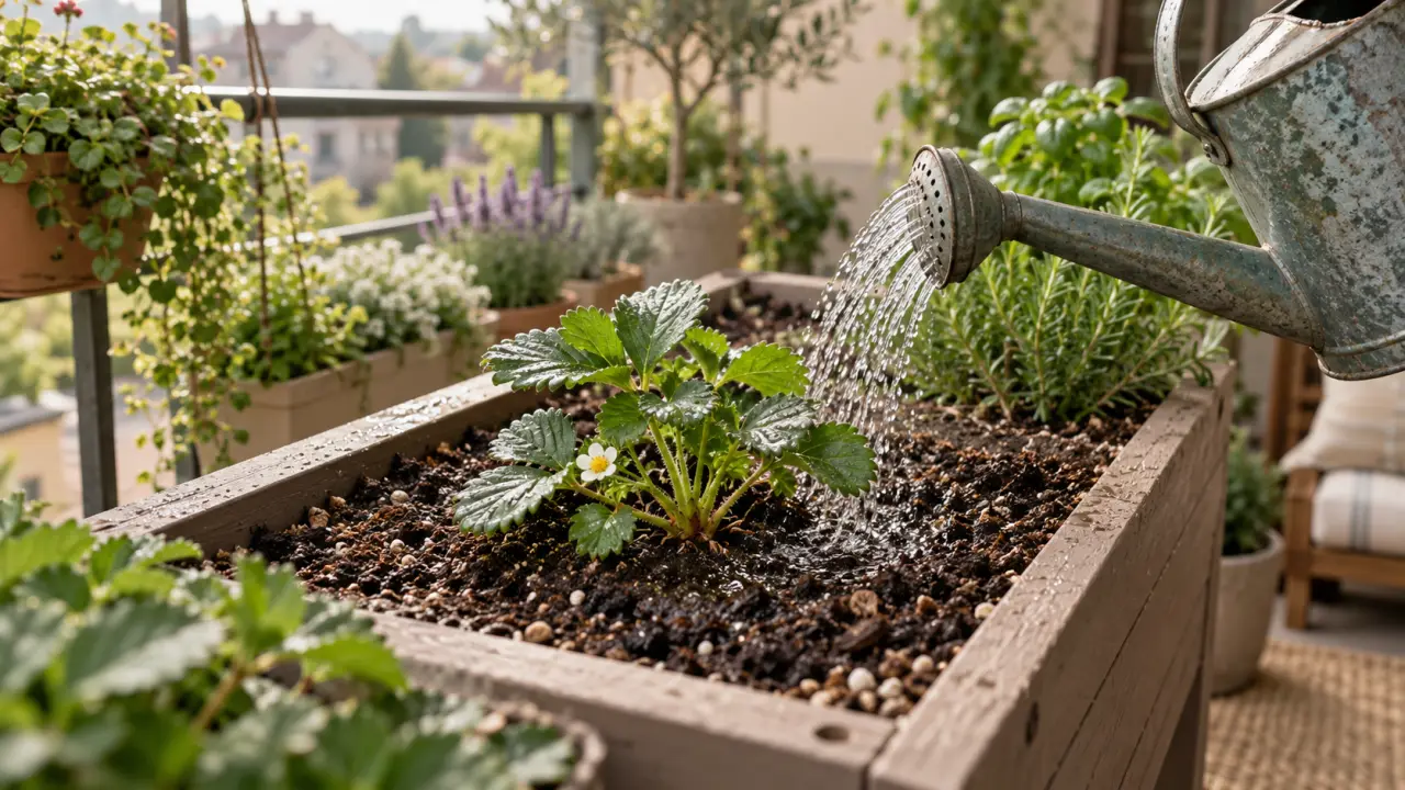 Plantation fraisier en hauteur : arrosage d’un fraisier en jardinière surélevée