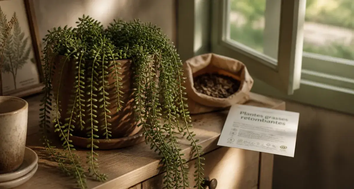 Plantes grasse retombantes en pot, tiges retombantes, lumière du matin