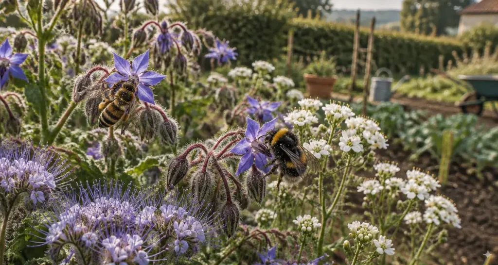 Plantes mellifères : abeille et bourdon butinant des fleurs au printemps