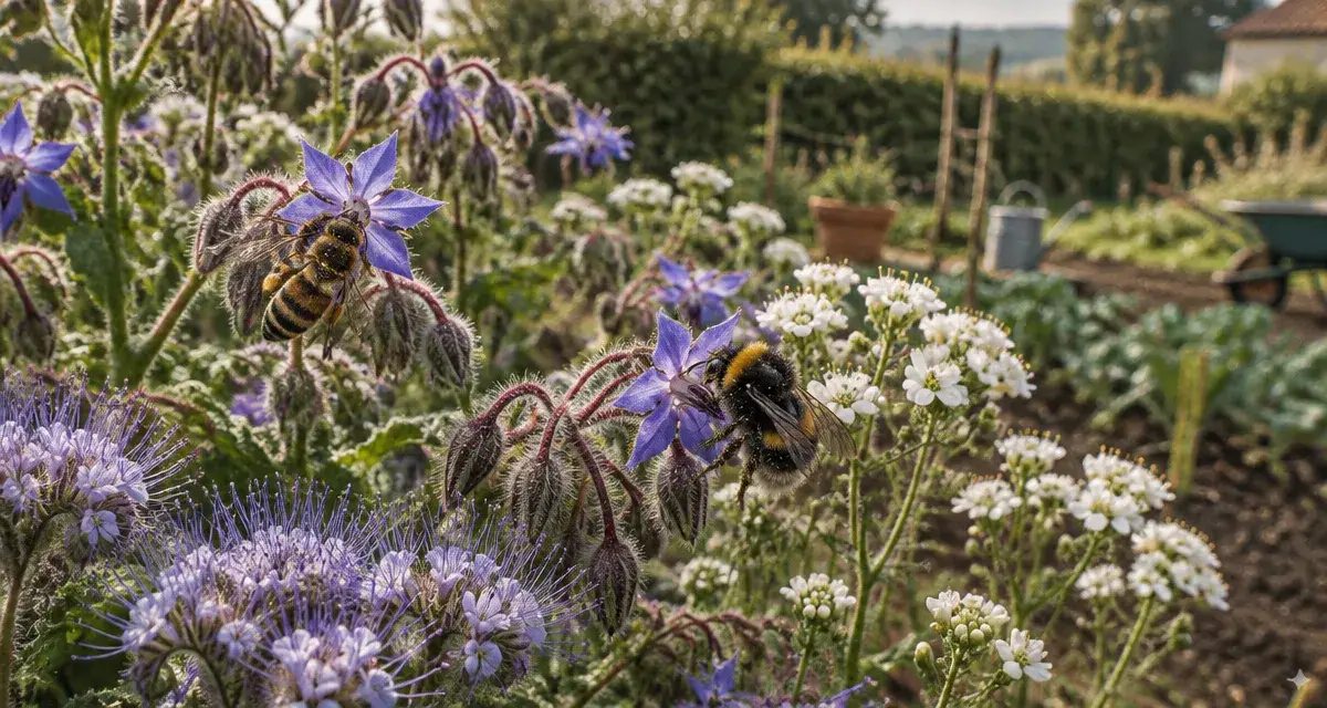 Plantes mellifères : abeille et bourdon butinant des fleurs au printemps