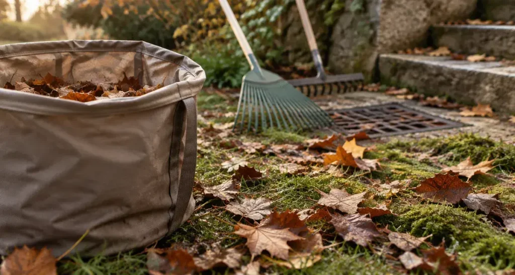 Ramassage de feuilles : sac et râteau dans une pelouse d’automne