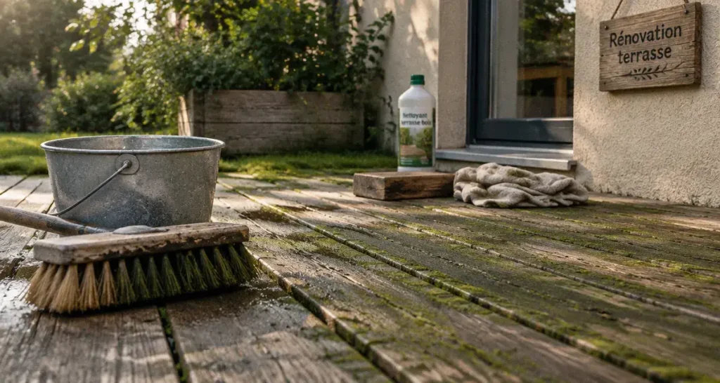 Rénover une terrasse en bois : brosse humide et lames creusées