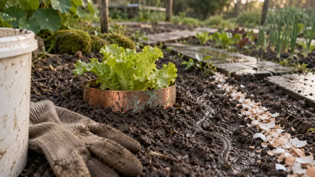 Répulsif naturel limace : ruban de cuivre protégeant une jeune salade après la pluie