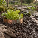 Répulsif naturel limace : ruban de cuivre protégeant une jeune salade après la pluie
